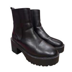 Black Leather Platform Ankle Boots Chunky Heel Size 8